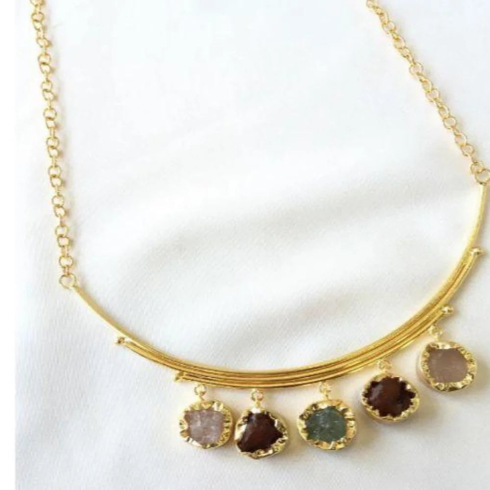 Brass Neckpiece with Gold Tone and Semiprecious Stones for Effortless Elegance